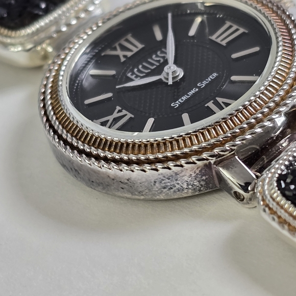 Ecclissi Sterling Silver Quartz Watch Black Druzy Accents + Extra Links - Picture 11 of 16
